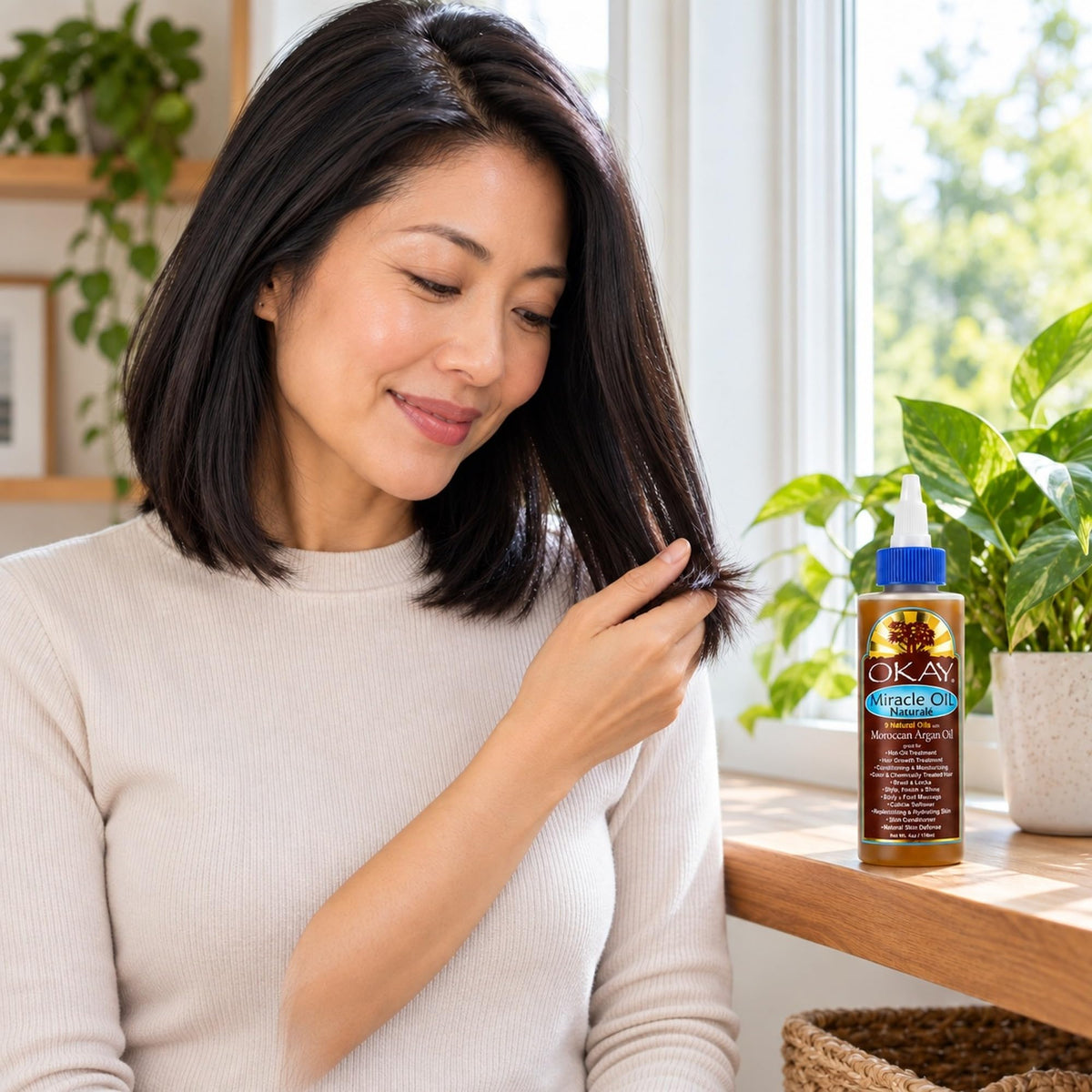 Woman checking the ends of her dark hair beside the Miracle Oil bottle on a windowsill