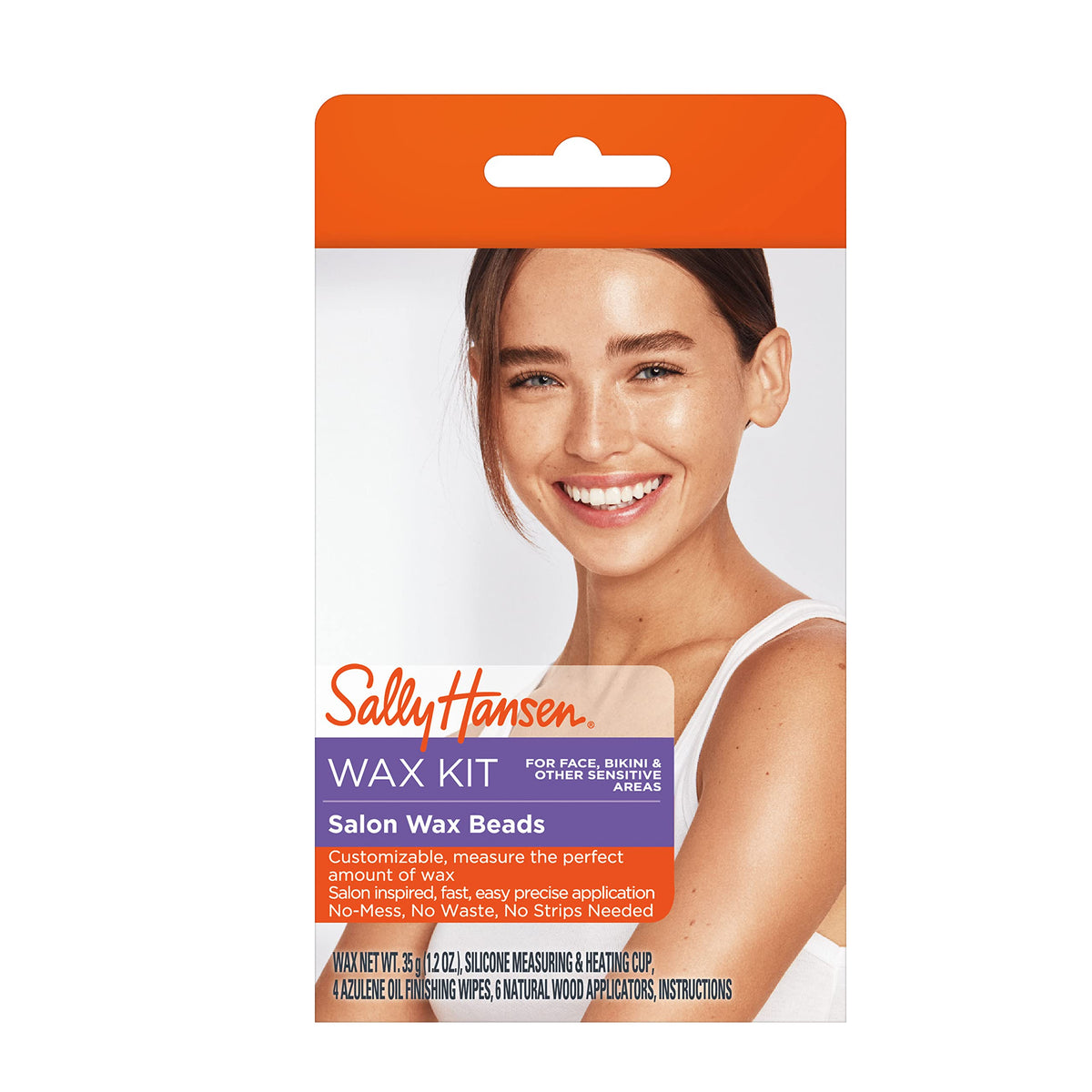 Front of the Sally Hansen Salon Wax Beads wax kit box for face, bikini and other sensitive areas