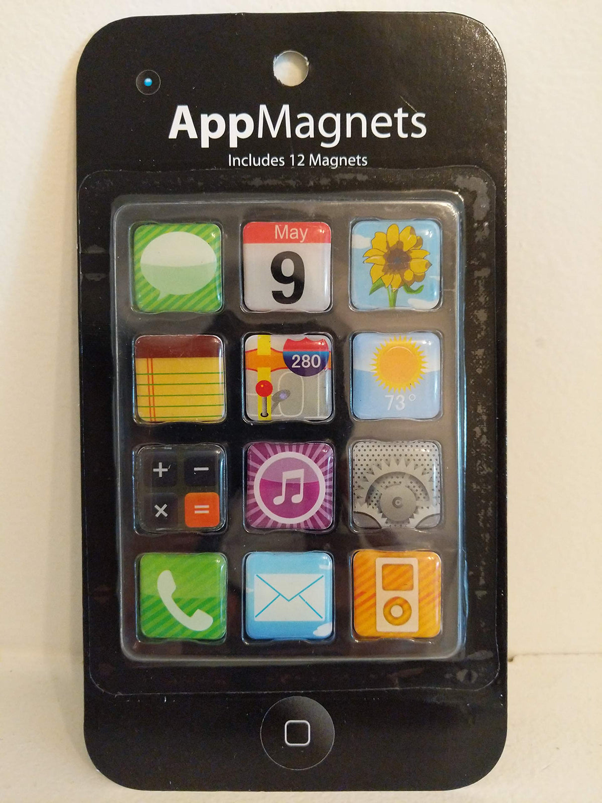 Phone-shaped card holding 12 app icon fridge magnets in a clear blister