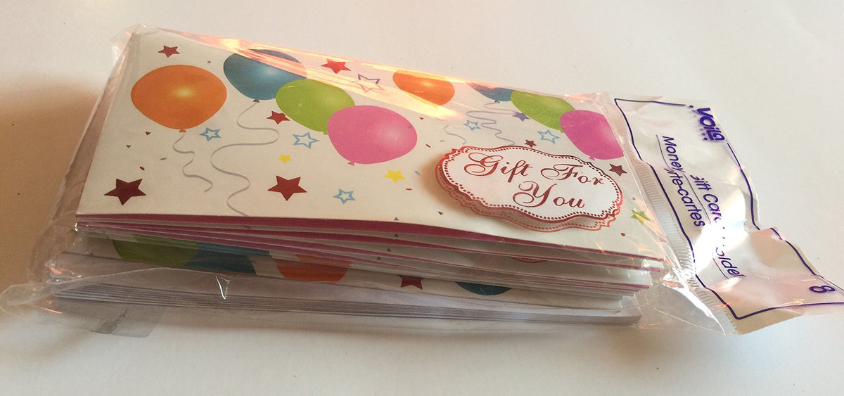 Side view of the stacked balloon print money holders in their clear bag