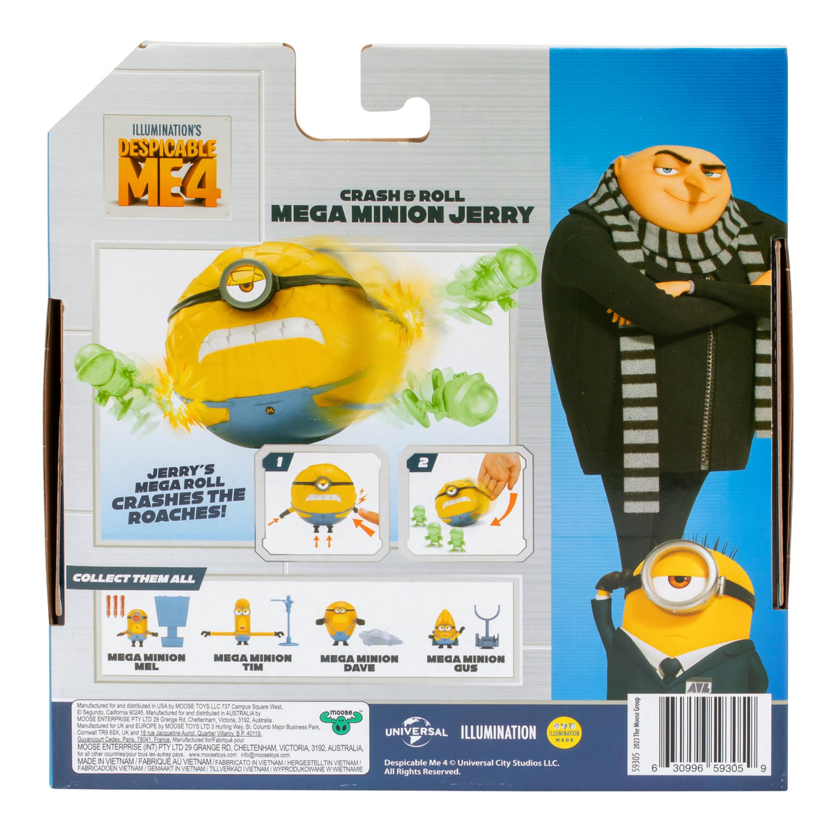 Back of the box showing the round rock-skinned yellow figure rolling into green roach figures, with how-to steps