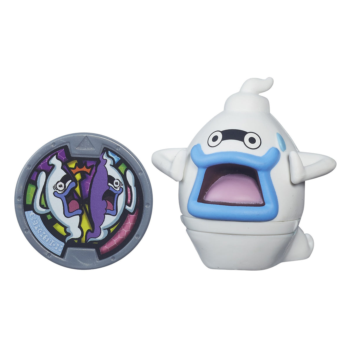Whisper ghost figure next to its silver and purple Yo-kai medal