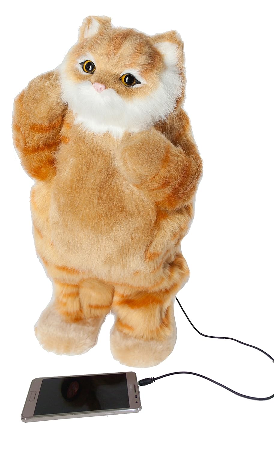 Plush orange tabby cat speaker standing upright, wired to a smartphone