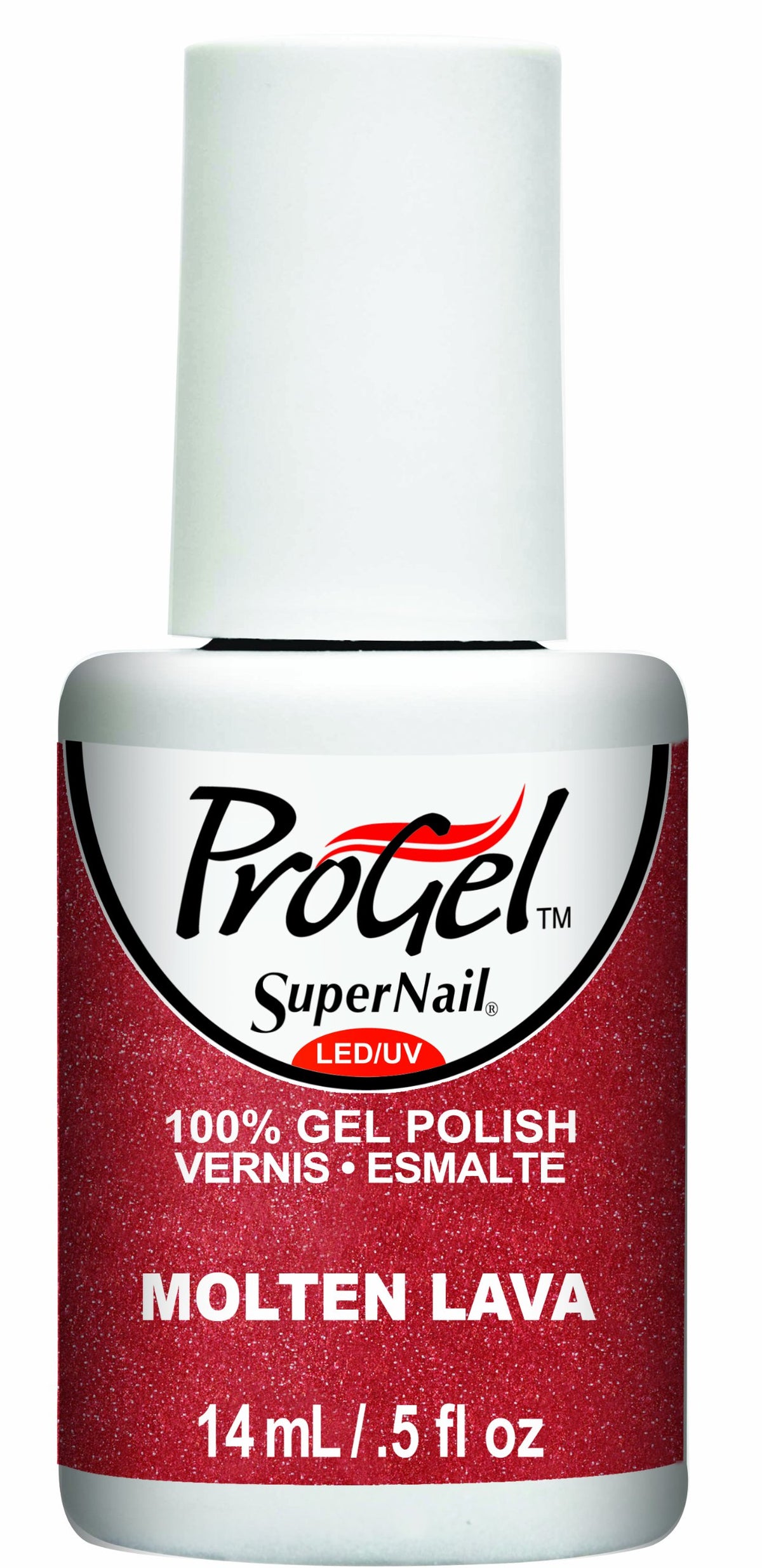 Gel polish bottle with a white cap and a shimmery brick red label