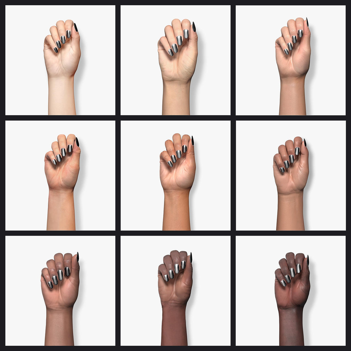 Nine hands of different skin tones wearing silver and black chrome nail polish