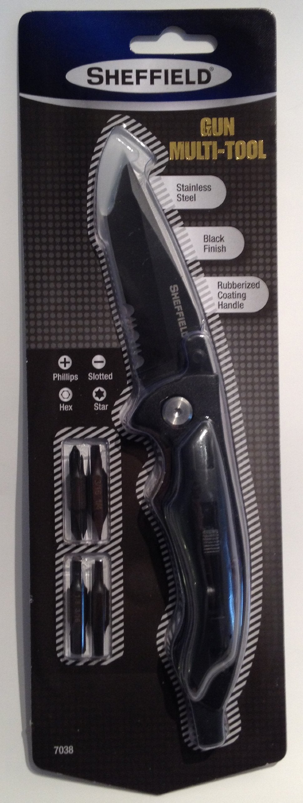 Sheffield Gun Multi-Tool knife and four double-ended driver bits on blister card