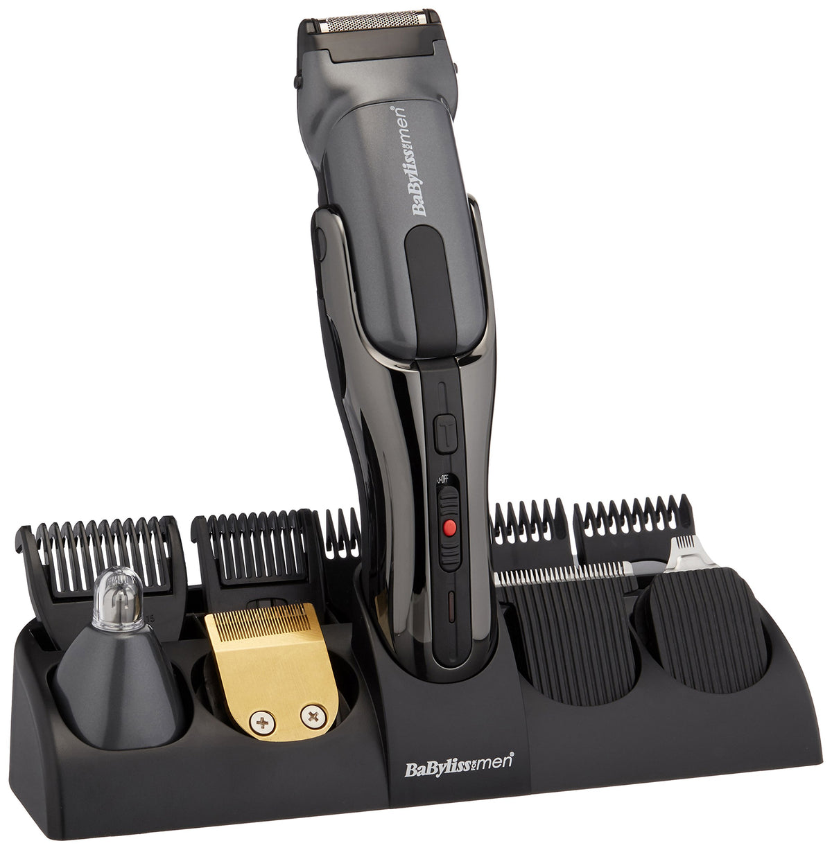 Grey trimmer standing in a black storage base with combs, nose trimmer and gold blade