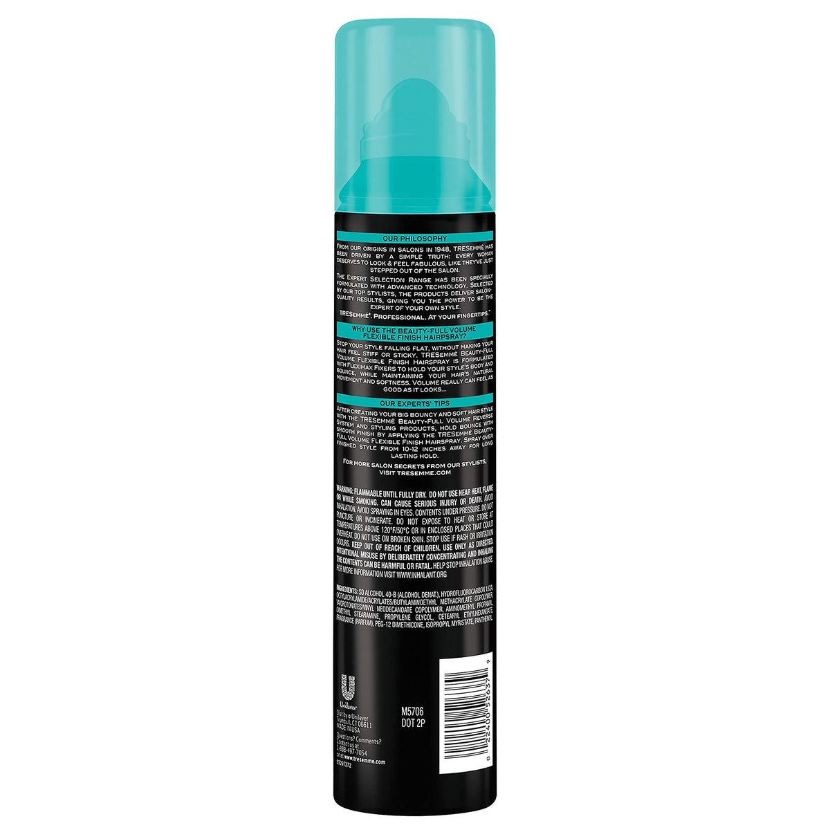 Back of the black hairspray can with directions, warnings, ingredients and barcode