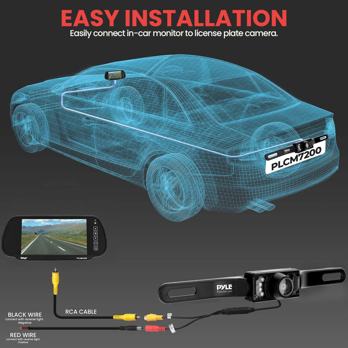 Wiring diagram linking the mirror monitor to the plate camera with RCA and power cables