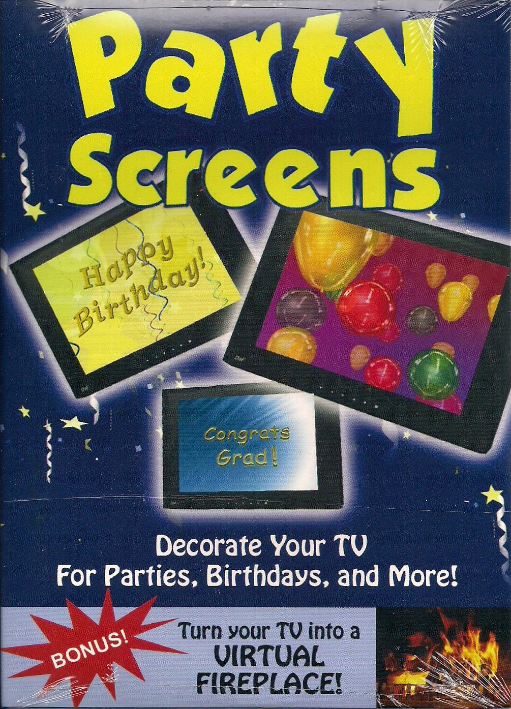 Party Screens DVD cover with Happy Birthday, balloon and Congrats Grad TV screens