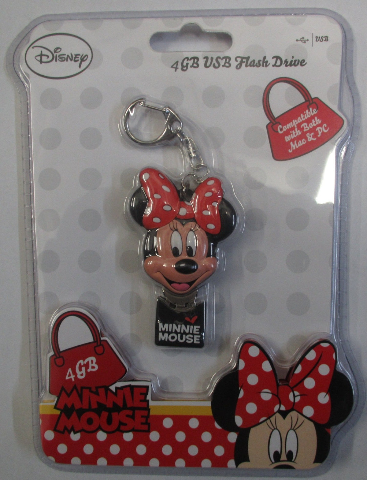 Minnie Mouse head 4GB USB flash drive keychain with red polka dot bow, in package