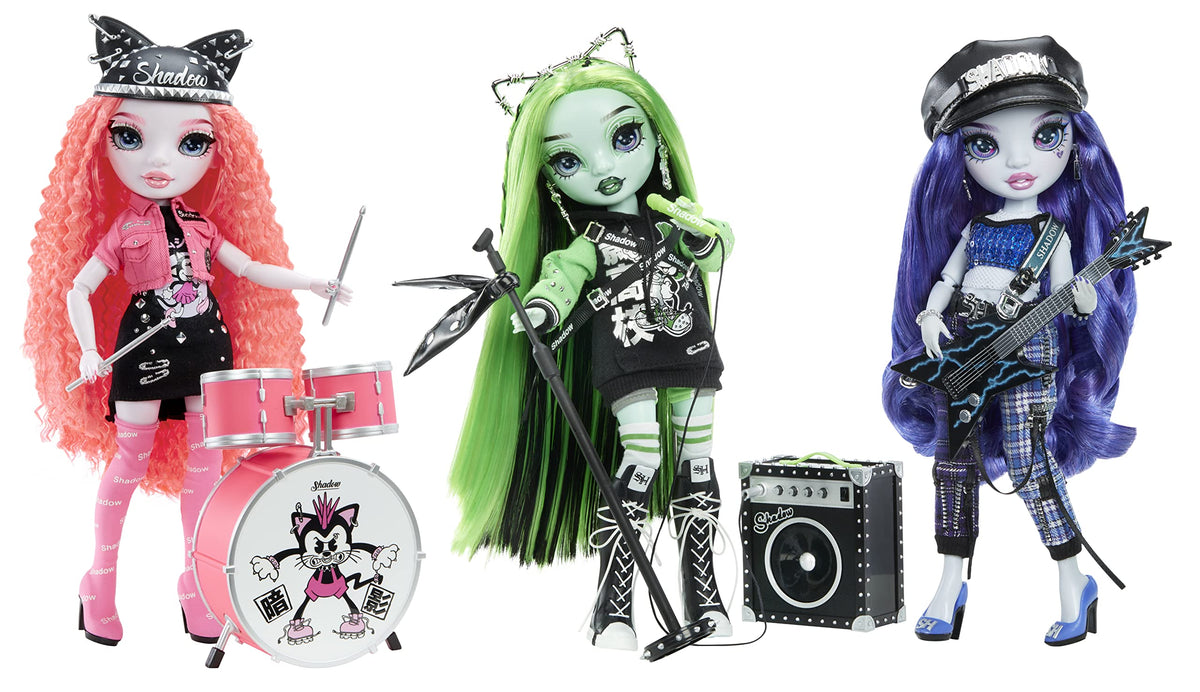 Three Neon Shadow band dolls with a pink drum kit, microphone, amp and guitar