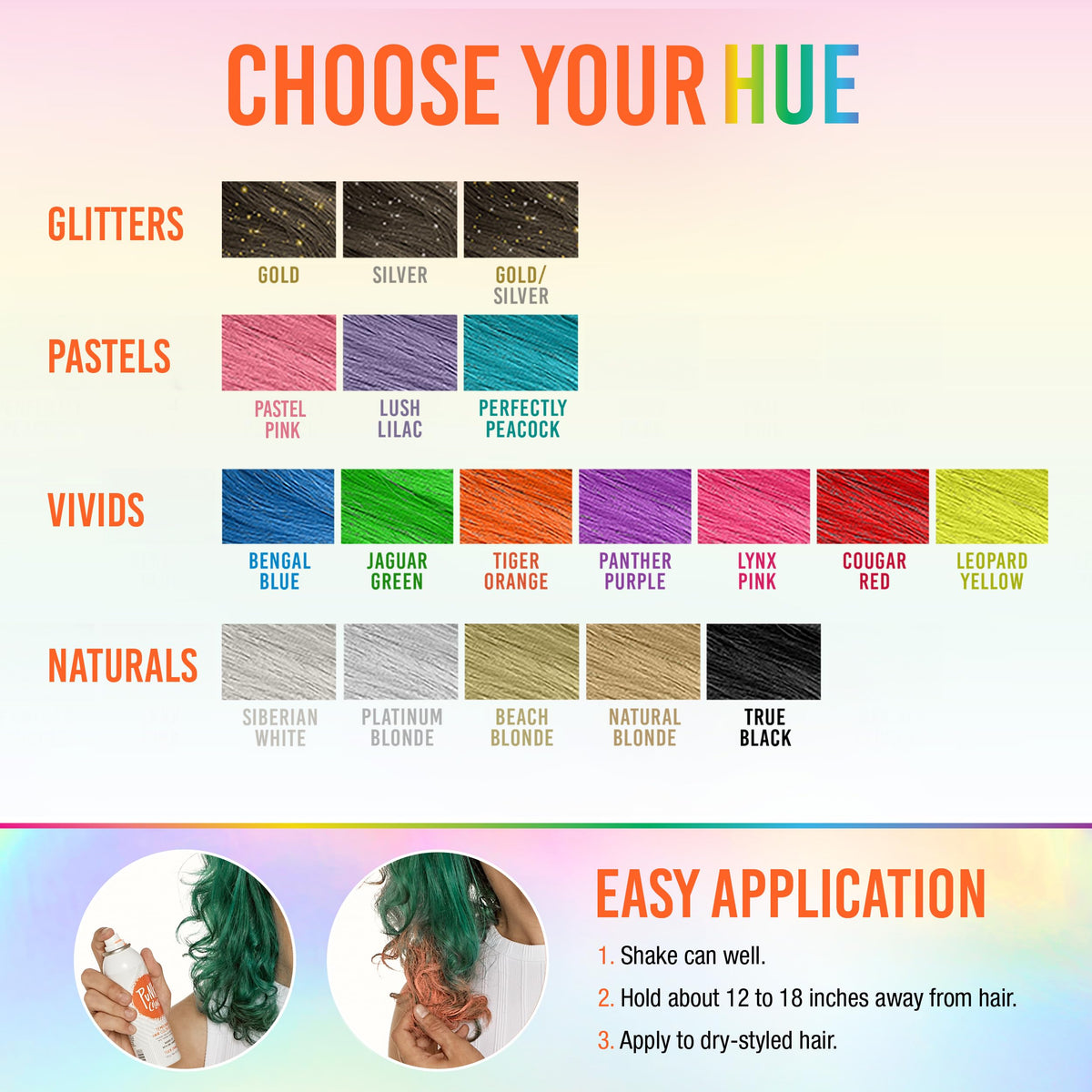 Chart of glitter, pastel, vivid and natural spray shades with three application steps