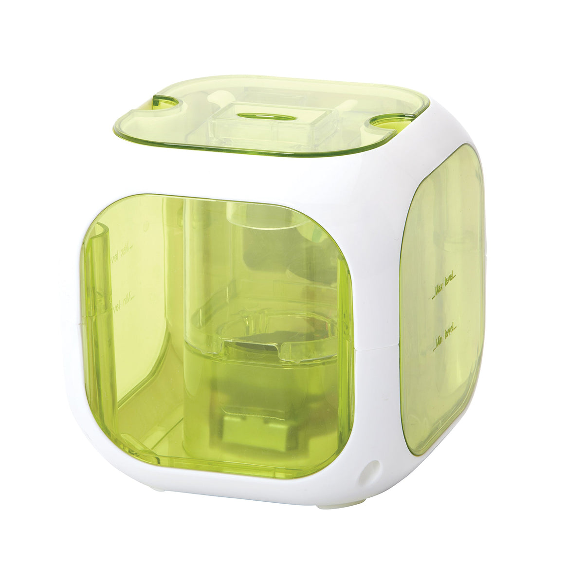 White cube-shaped cool mist humidifier with see-through lime green tank windows