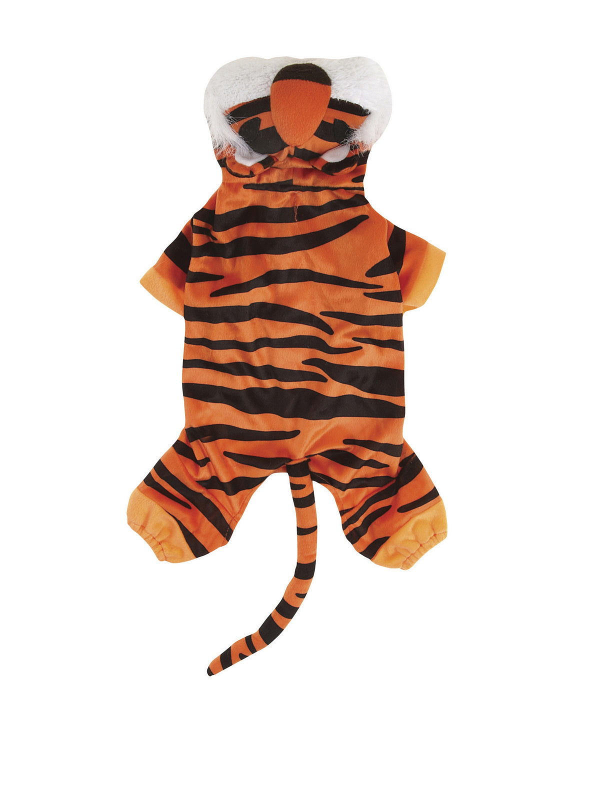 Orange and black striped tiger dog costume with plush hood and tail, laid flat