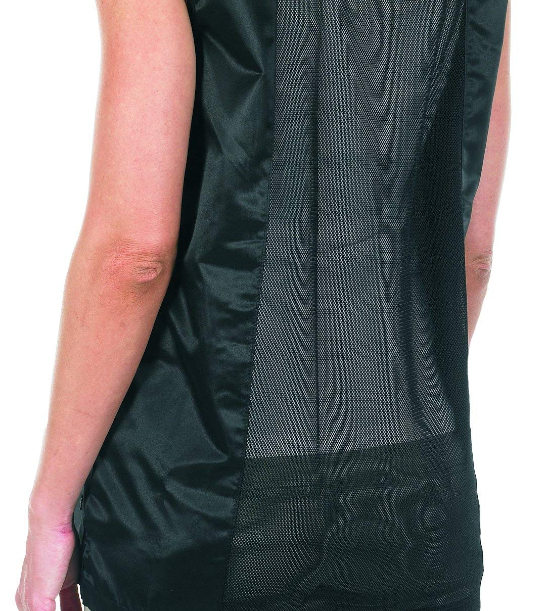 Back view of a woman wearing the black vest with its see-through mesh back panel