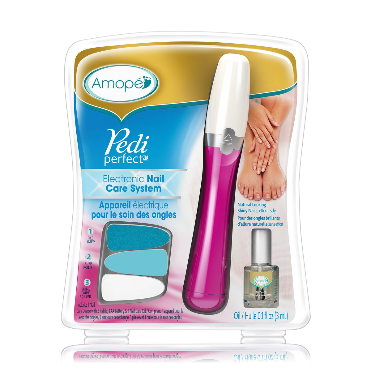 Pink electronic nail file with three teal and white refill heads and a small bottle of nail oil in a clear pack