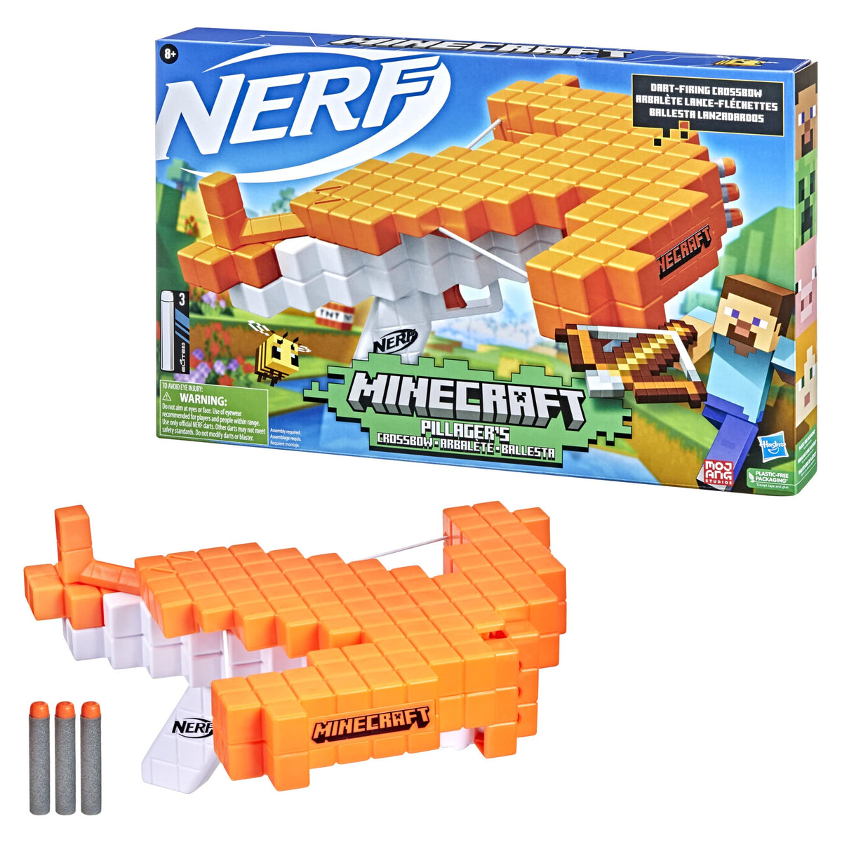 Boxed and unboxed orange pixel crossbow shown with its three foam darts
