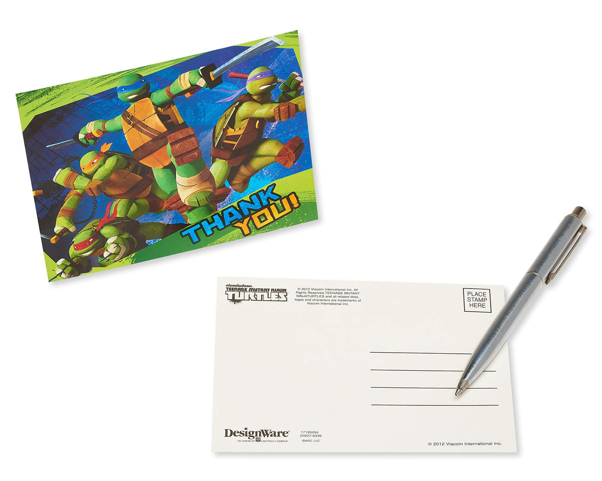 Front and stamp side of a Ninja Turtles Thank You postcard with a silver pen