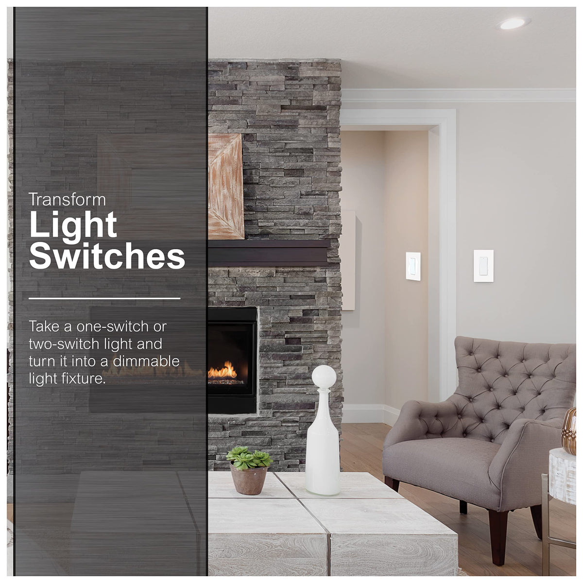 Living room with a stone fireplace and white dimmer switches on the wall