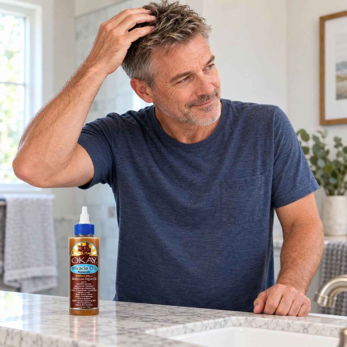 Man touching his hair at a bathroom counter with the Miracle Oil bottle
