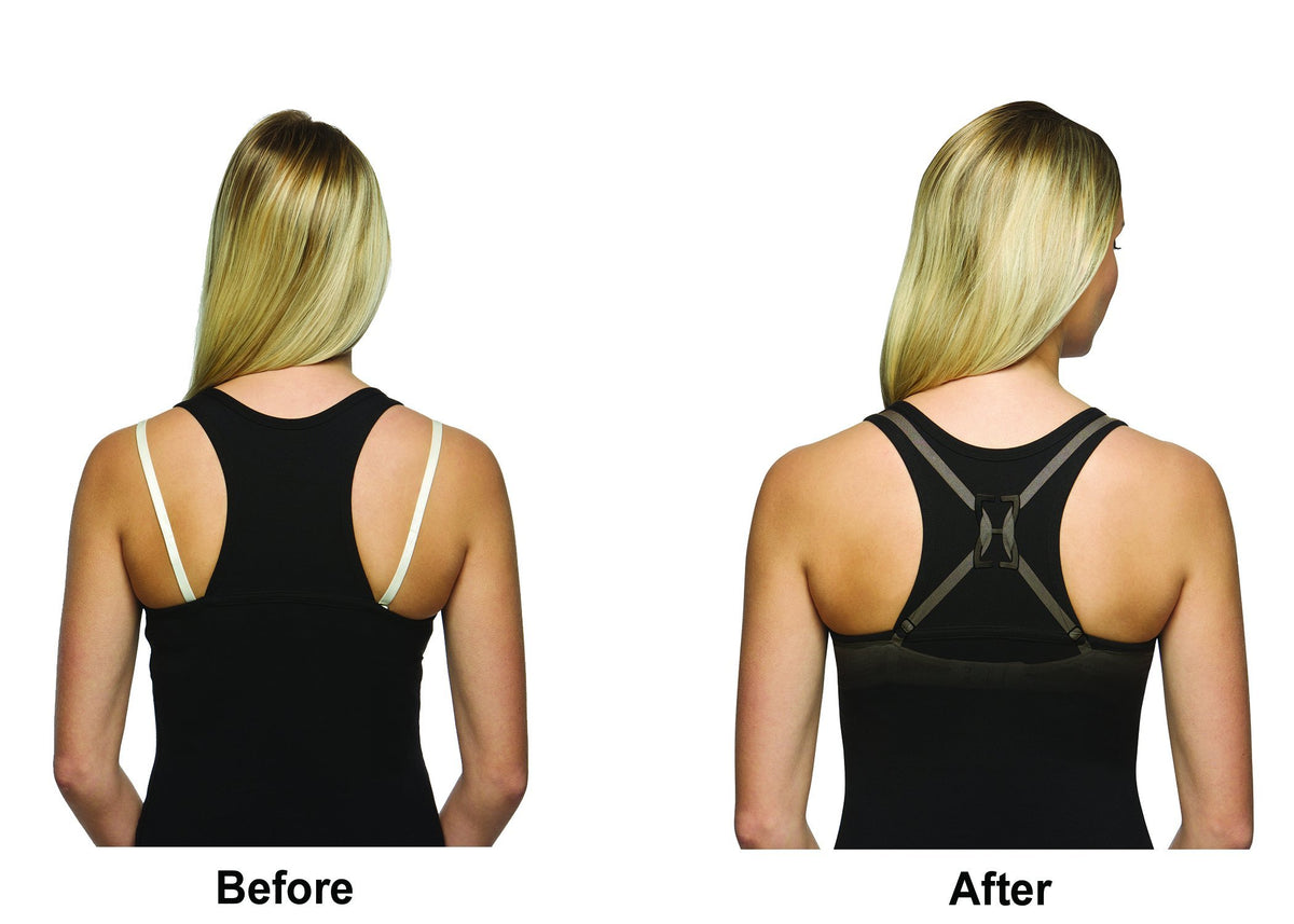Before and after: bra straps showing under a black racerback tank, then hidden with a clip