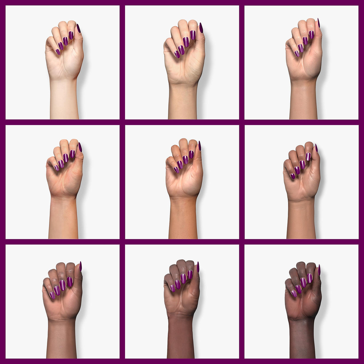Nine hands in different skin tones wearing deep plum nail polish
