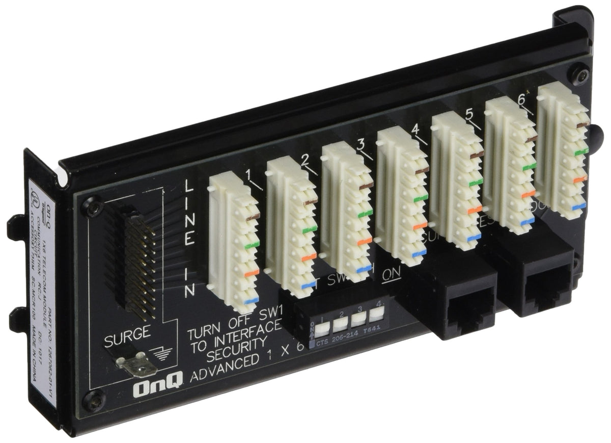 Black telecom distribution board with six numbered punch-down blocks, surge ground and two jacks