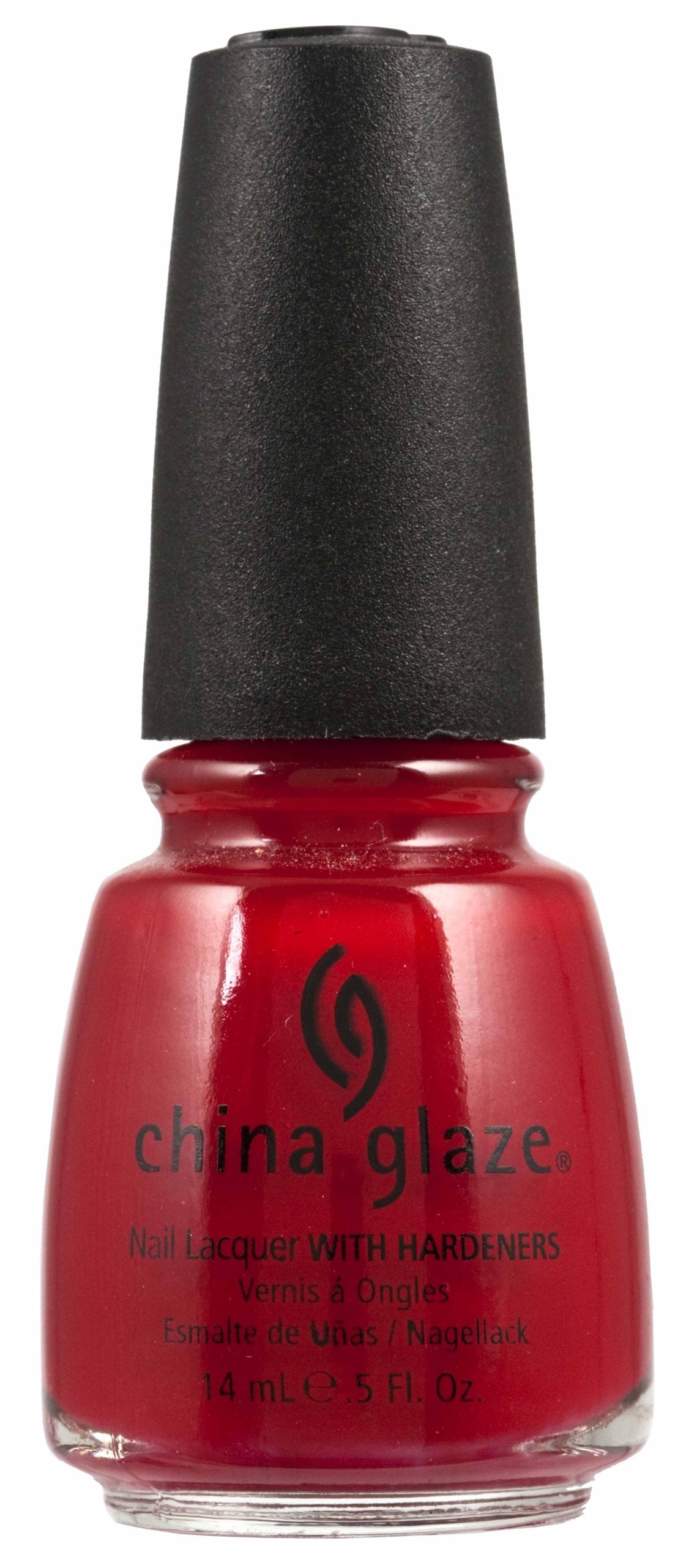 Bottle of glossy cherry red nail lacquer with a black cap