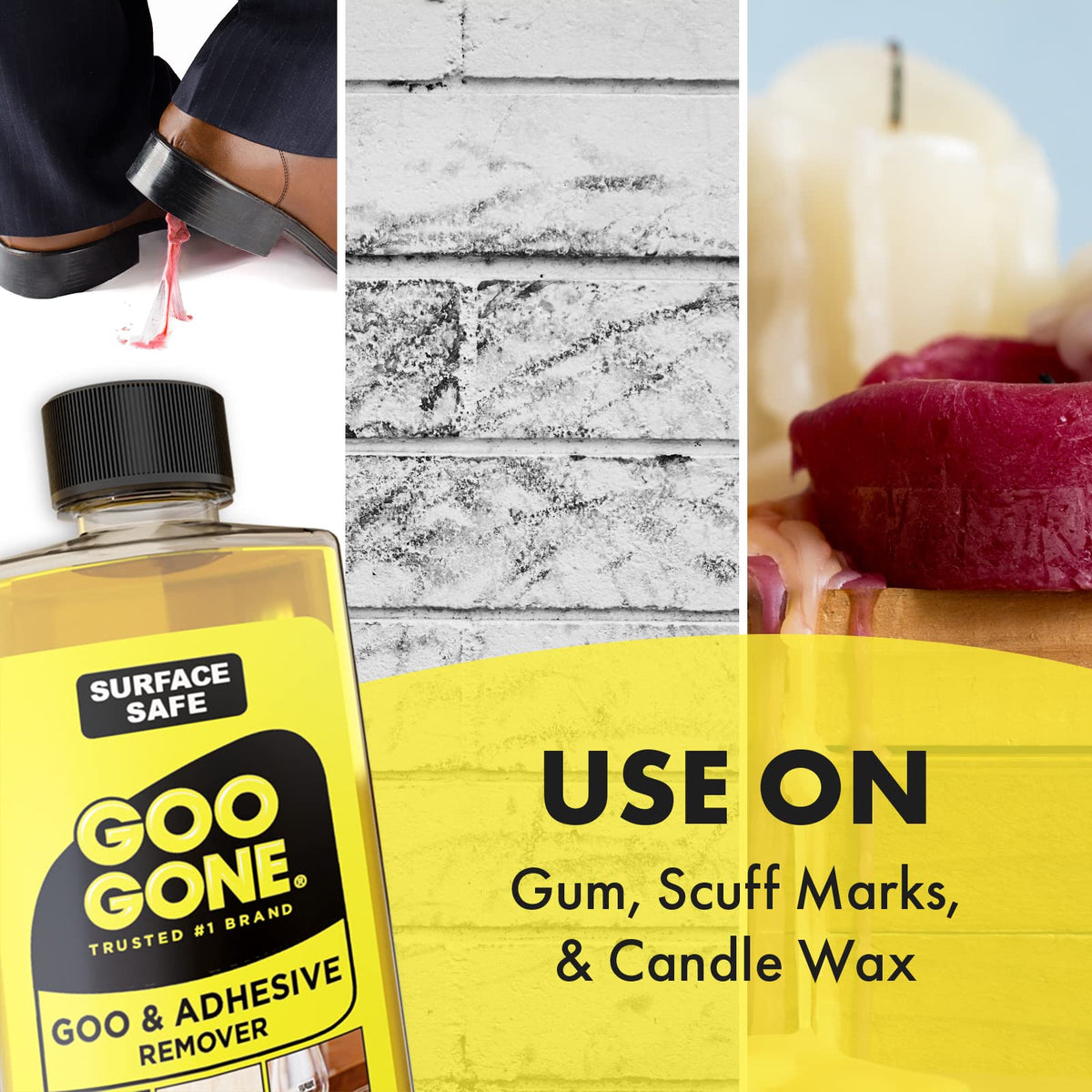 Gum stuck to a shoe, scuffed brick wall and dripped candle wax beside the bottle
