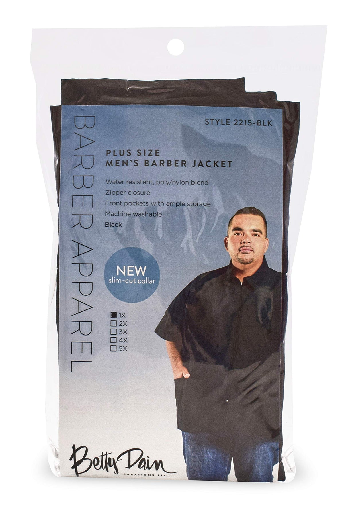 Bagged plus size men's barber jacket style 2215 in black with a slim-cut collar