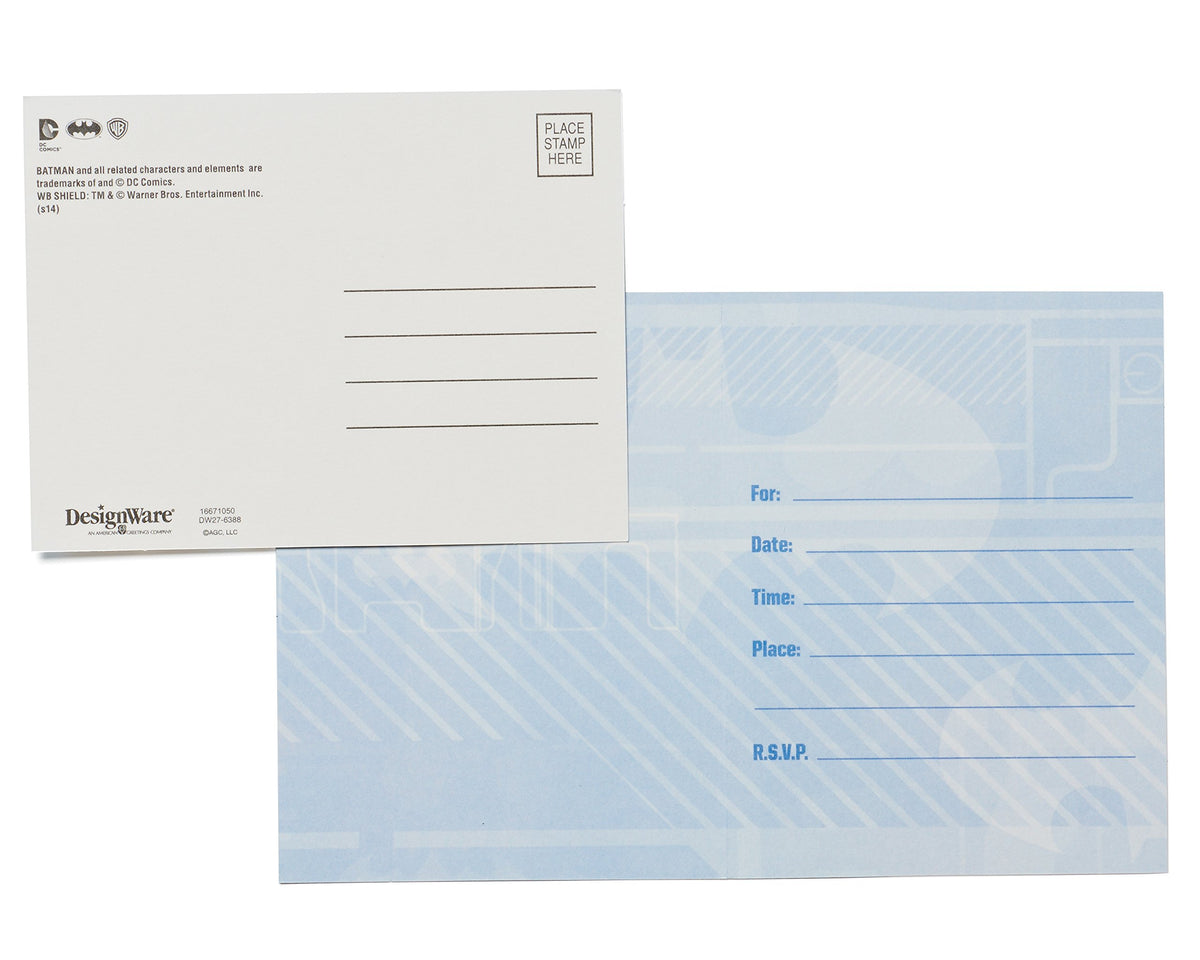 Postcard stamp side and light blue invitation inside with for, date, time, place and RSVP lines