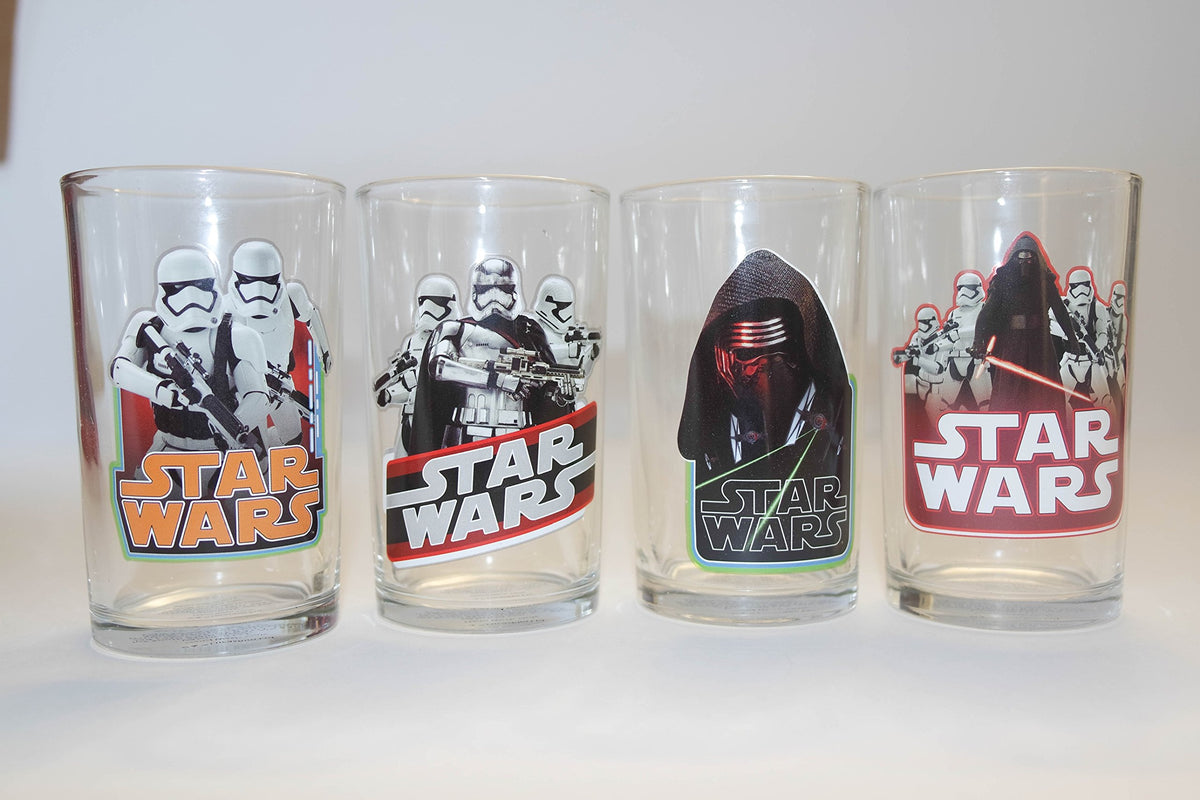 Four clear Star Wars glasses with stormtrooper, Captain Phasma and Kylo Ren designs