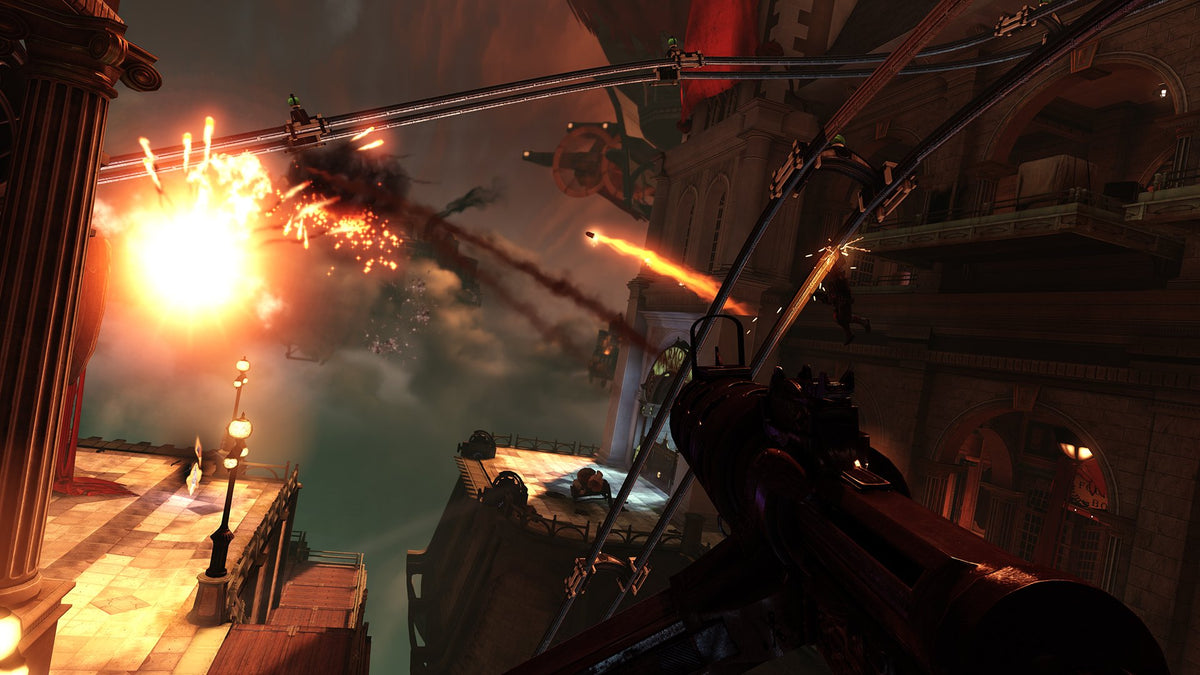 Game screenshot of a firefight on a sky-rail with an explosion overhead