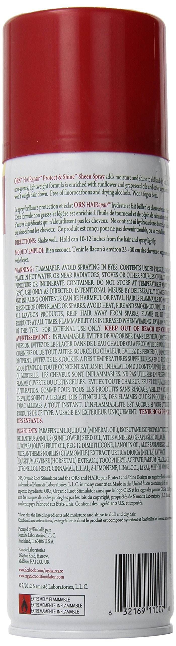 Back label of the red-capped sheen spray can with warnings, ingredients and barcode