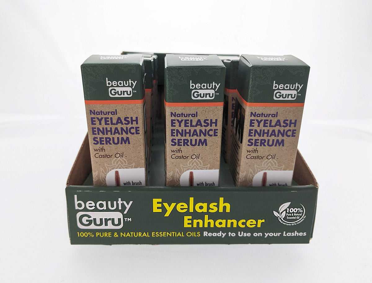 Counter display tray holding several green and kraft eyelash serum boxes