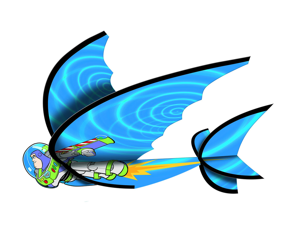Blue swirl-wing glider with Buzz Lightyear flying underneath on a rocket flame