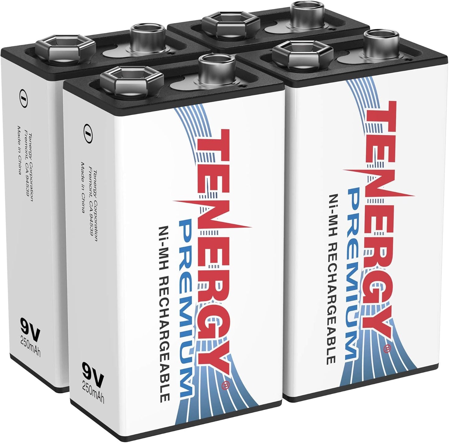Tenergy Premium 9V Batteries Rechargeable High Drain 250mAh NiMH 9V Square Battery for Smoke Alarm/Detector, 10 Pack