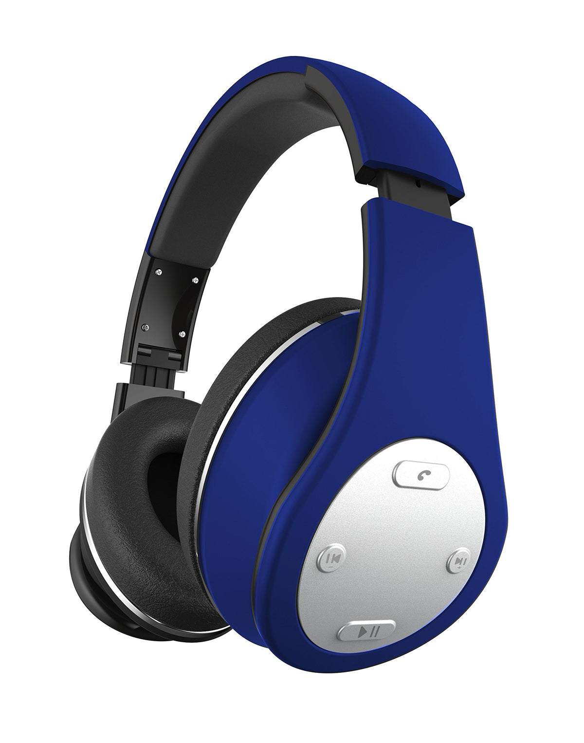 Blue foldable over-ear headphones with a silver control panel on the ear cup