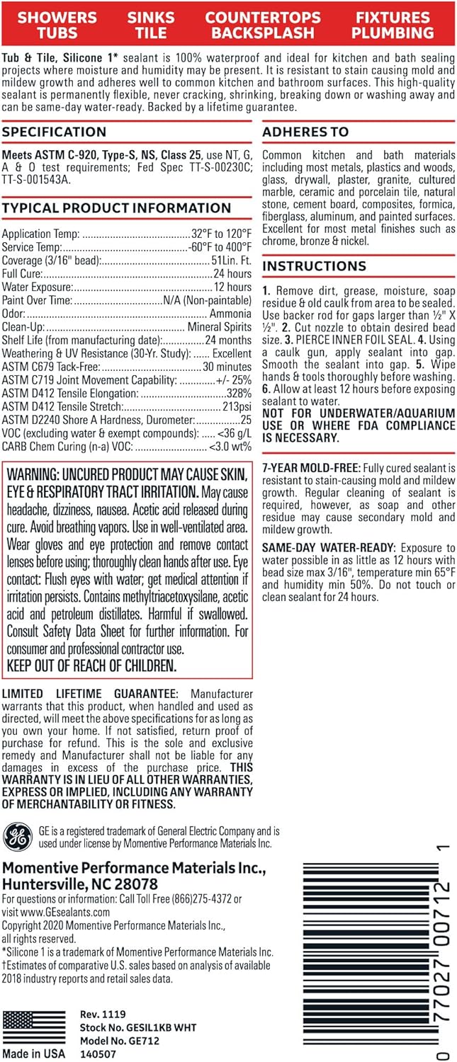Back label of the silicone cartridge with specifications, instructions and warnings