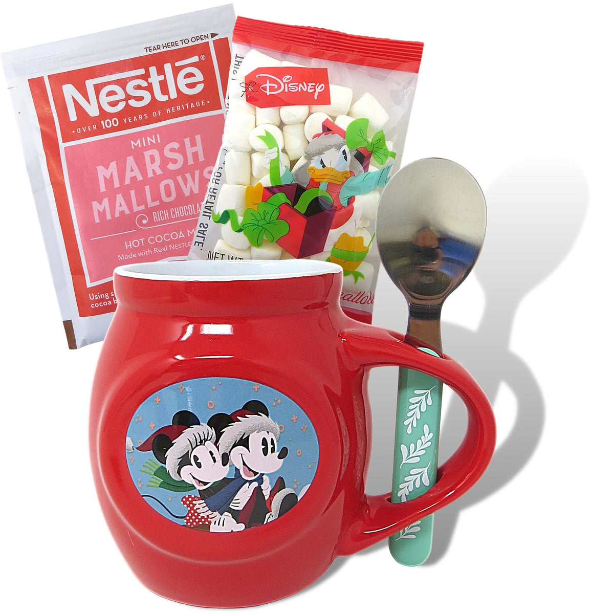 Red Mickey and Minnie holiday mug with spoon, cocoa mix and Disney marshmallows