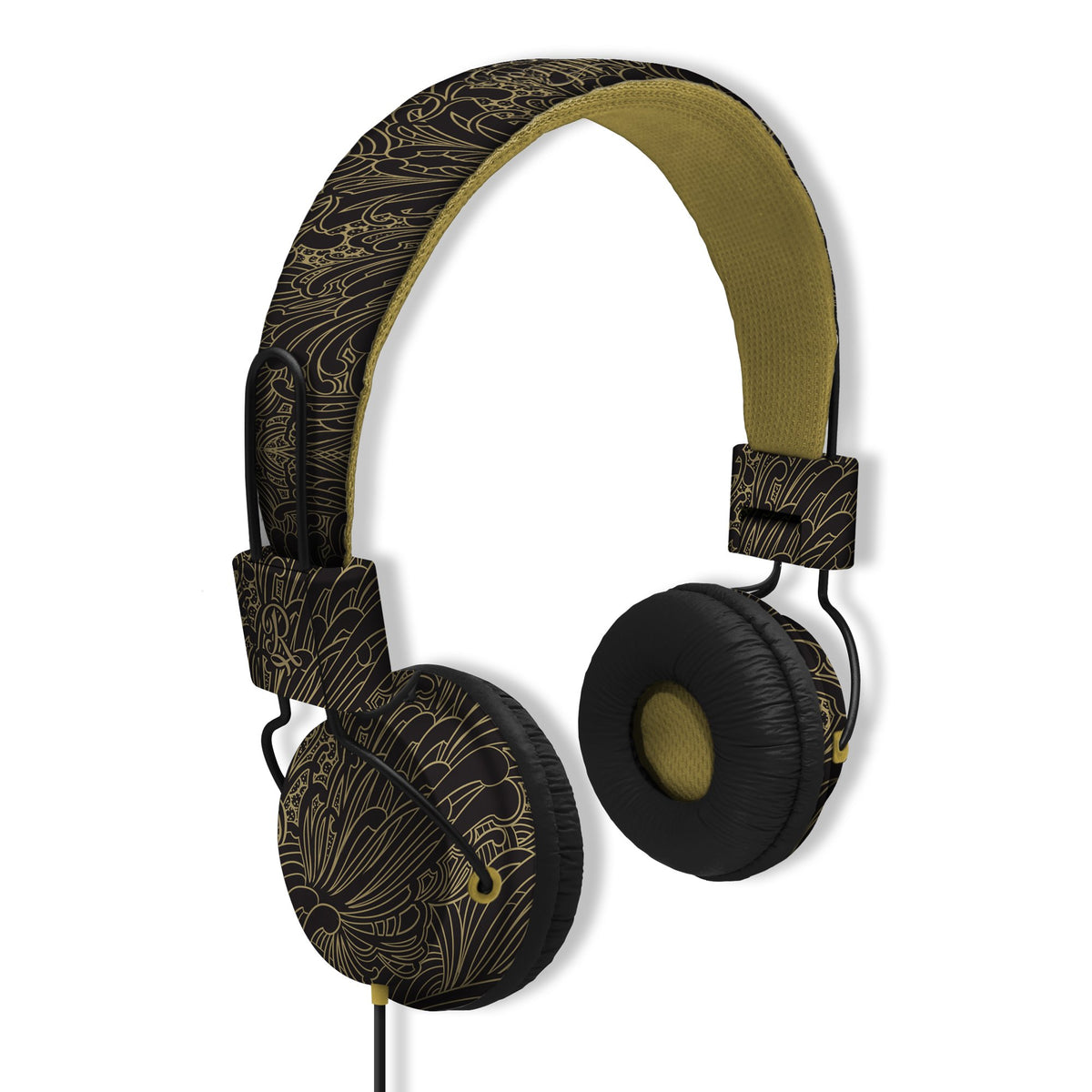 On-ear headphones with black and gold floral print and padded black ear cushions