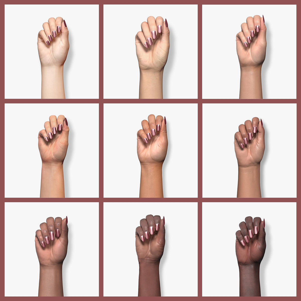 Grid of nine hands in different skin tones wearing metallic mauve polish