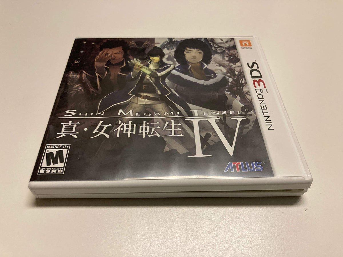 Shin Megami Tensei IV Nintendo 3DS game case, front cover at an angle on a table