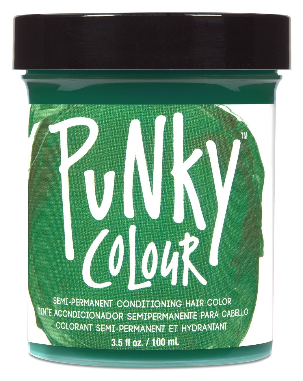 Jar of Punky Colour Alpine Green hair dye with a black lid and bright green label