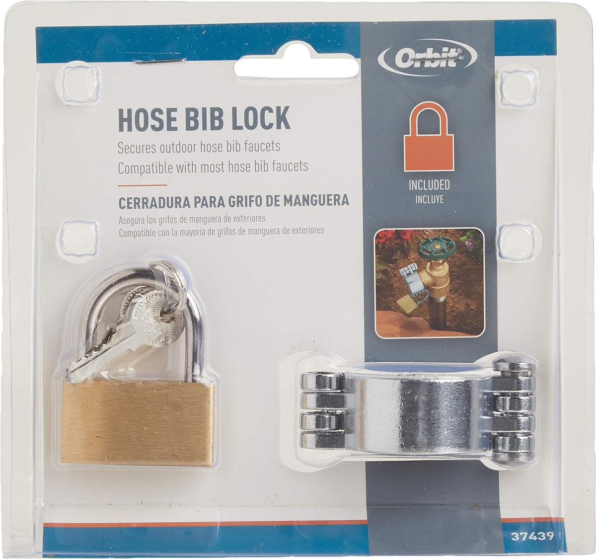 Orbit Hose Bib Lock blister pack with chrome cover and brass padlock