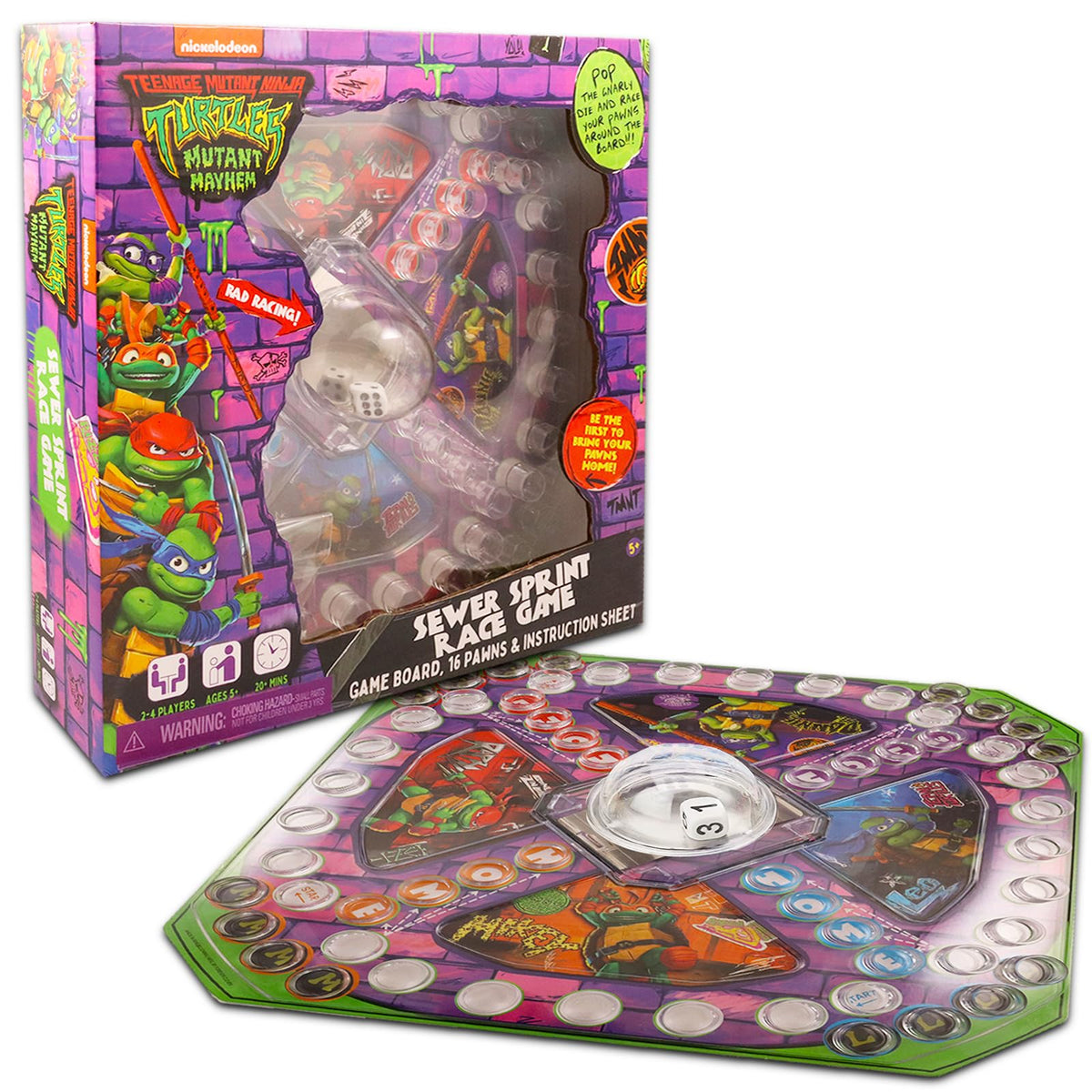 Purple brick-pattern race game board with a pop-up dice dome and coloured pawns