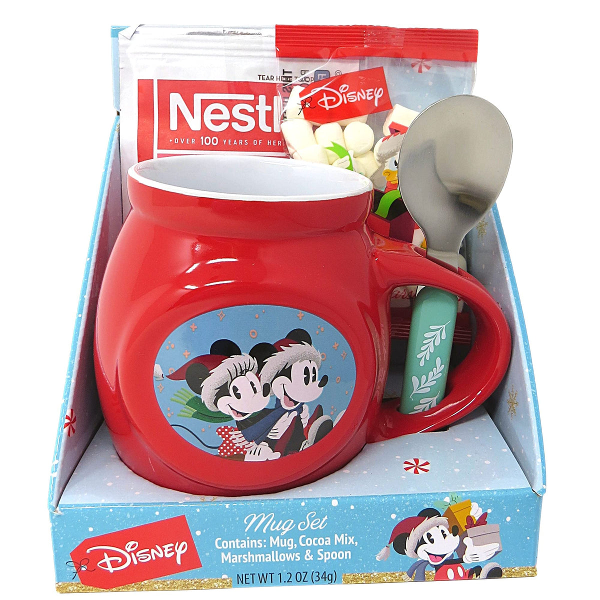 Disney mug set box with red Mickey mug, cocoa packet, marshmallows and spoon