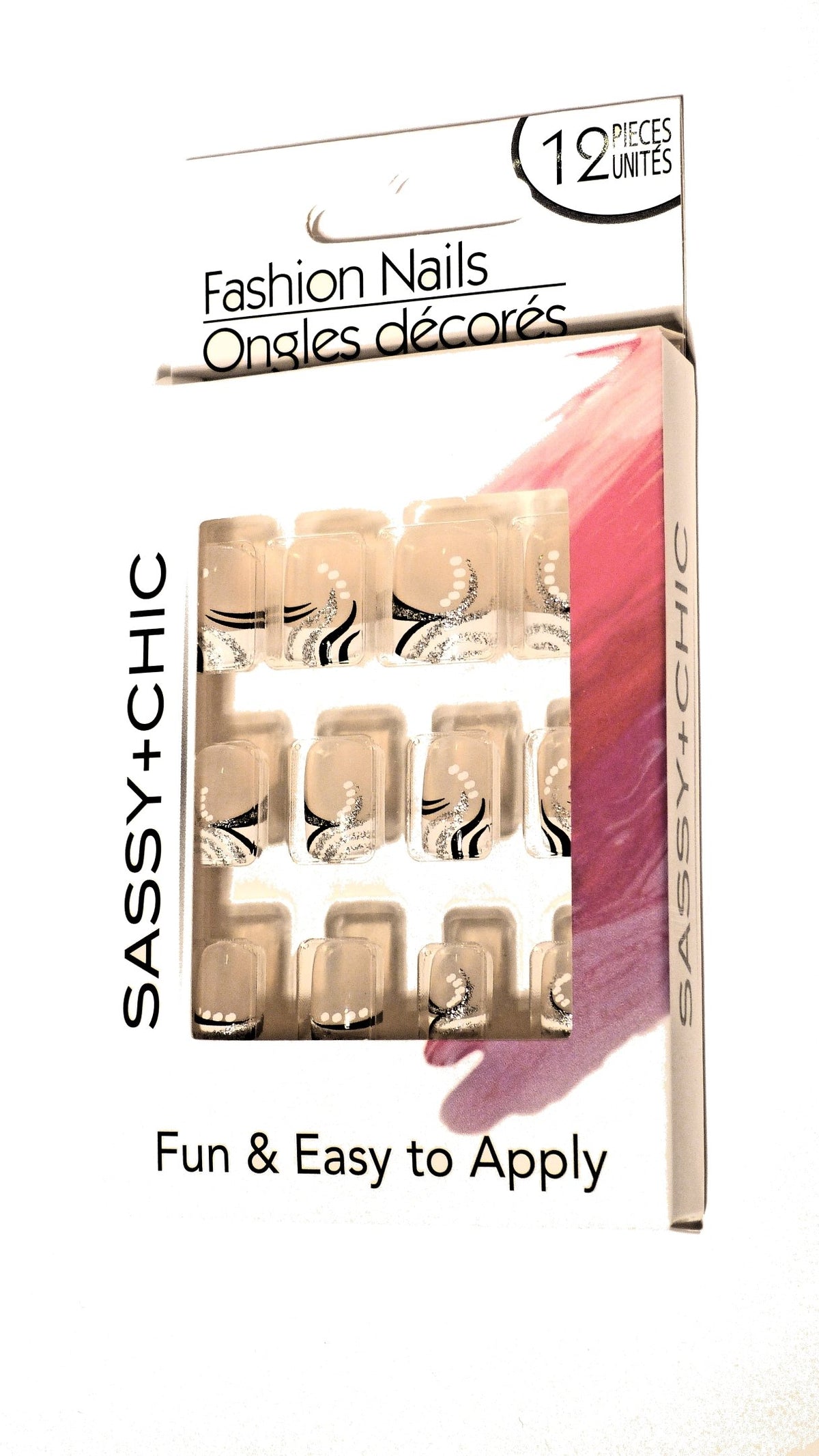 Box of 12 square French tip false nails with black swirls, silver glitter and white dots