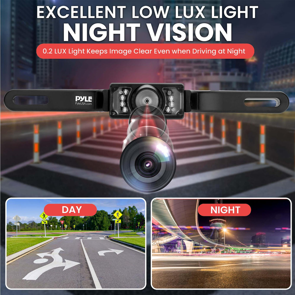 Close-up of the camera lens with infrared LEDs and day and night view examples